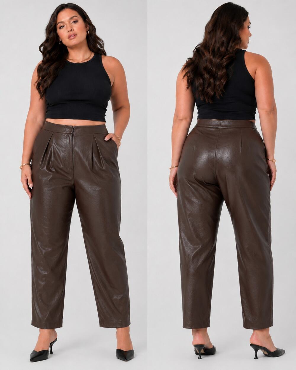 Y2K High Rise Pleated Tapered Leg Brown Faux Leather Pants 16 Modern Minimal